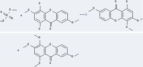 9H-Xanthen-9-one,1-hydroxy-3,4,7-trimethoxy- can be prepared by sulfuric acid dimethyl ester and 1,4-dihydroxy-3,7-dimethoxy-xanthen-9-one. The other product is 1,3,4,7-tetramethoxy-xanthen-9-one.